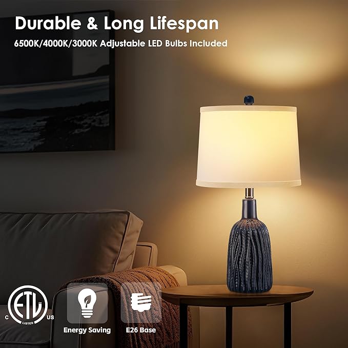 GRUENLICH Ceramic Table Lamp Set of 2 for Nightstand, 22.5" Modern Blue Bedside Lamp with 3 Adjustable Color Temperature, Bedroom Light for Living Room Desk End Table Office (2 LED Bulbs Included)