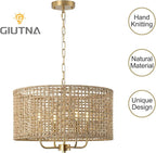 Rattan Drum Chandeliers for Dining Room, 4-Light Bohemian Hand-Woven Farmhouse Pendant Light Dining Room Light Fixture Chandelier for Entryway Living Room Kitchen Stairway Bedroom Hallway(Gold)