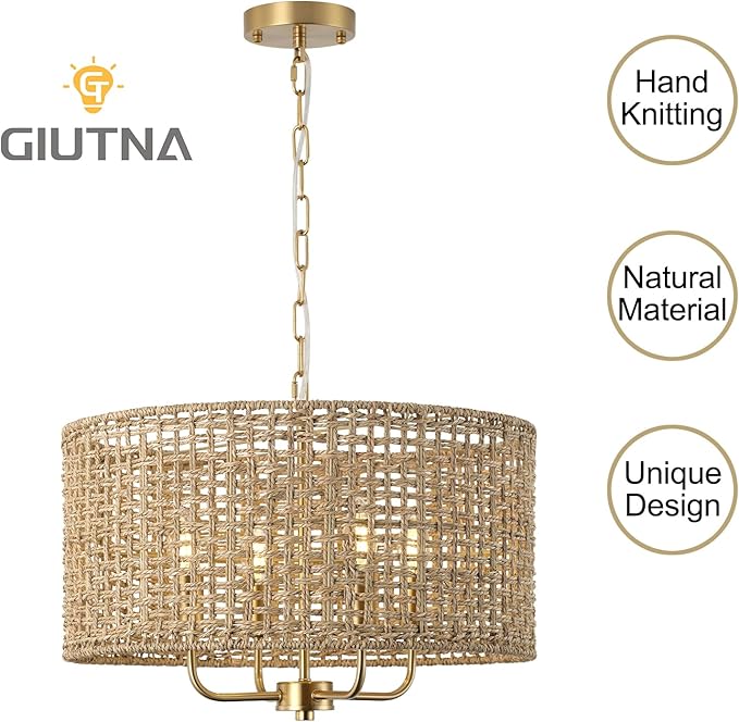 Rattan Drum Chandeliers for Dining Room, 4-Light Bohemian Hand-Woven Farmhouse Pendant Light Dining Room Light Fixture Chandelier for Entryway Living Room Kitchen Stairway Bedroom Hallway(Gold)