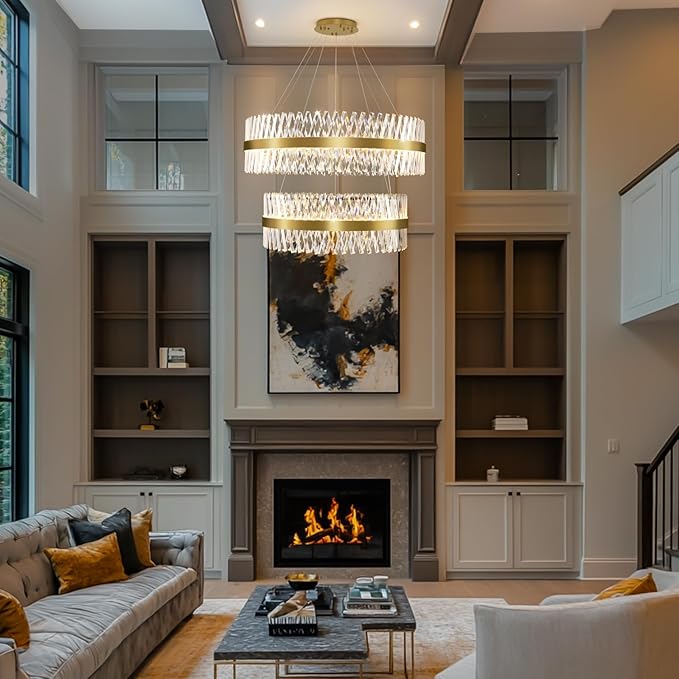 Modern Crystal Chandeliers, Double Tier 40"+32" Large High Ceiling Chandelier. Elegant Crystal Chandelier Hangs from The Ceiling of The Living Room, Stairwell, and Foyer.