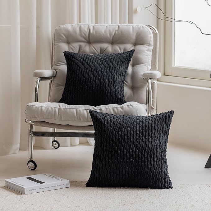 Kevin Textile Pack of 2 Corduroy Decorative Throw Pillow Covers 24x24 Inch Soft Boho Striped Pillow Covers Modern Farmhouse Home Decor for Spring Sofa Living Room Couch Bed Black