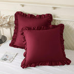 KKJIAF Ruffle Pillow Cases 26x26 Inches, Burgundy Square Ruffled Pillow Covers Set of 2, Microfiber Wrinkle Resistant Pillow Shams with Envelope Closure for Sofa Bed Living Room