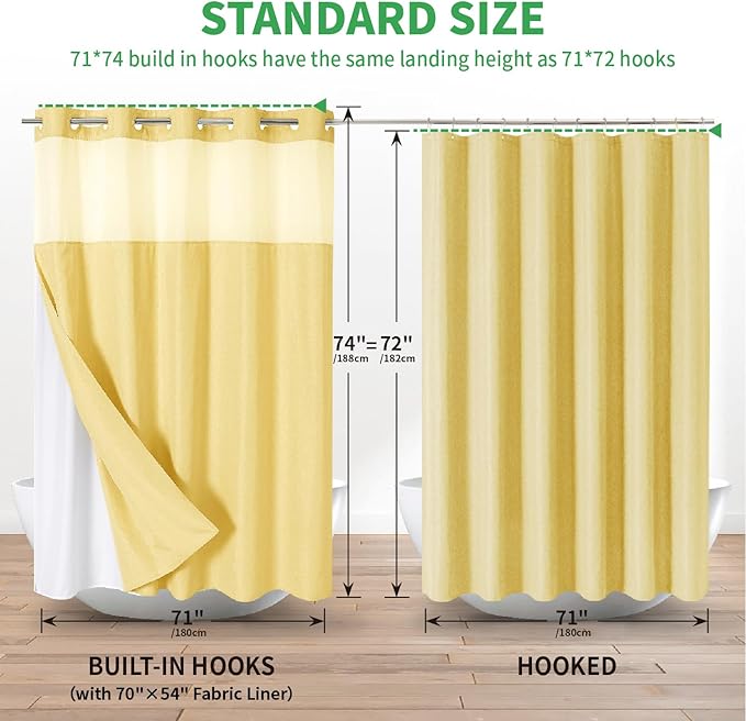 No Hooks Needed Linen Textured Shower Curtain with Snap-in Fabric Liner Set,Hotel Luxury Decor Shower Curtains for Bathroom with Mesh Top Window,Waterproof & Washable,71Wx74H,Gold