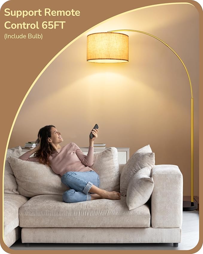EDISHINE 78.3" Gold Arched Floor Lamp with Remote, Mid Century Modern Reading Light Over Chair, Tall Arc Standing Lamp for Living Room, Home Office, Reading Room, Dining Room, Dimmable Bulb Included