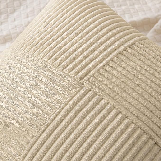 MIULEE Cream Corduroy Pillow Covers Pack of 2 Boho Decorative Spliced Throw Pillow Covers Soft Solid Couch Pillowcases Cross Patchwork Textured Cushion Covers for Living Room Bed Sofa 20x20 inch