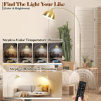 【Upgraded】 Arc Floor Lamps for Living Room - Stepless Dimmable Gold Tall Lamp with Remote Control & Color Temperature 9W LED Bulb, Over Couch Arched Reading Standing Lamp for Bedroom Brass