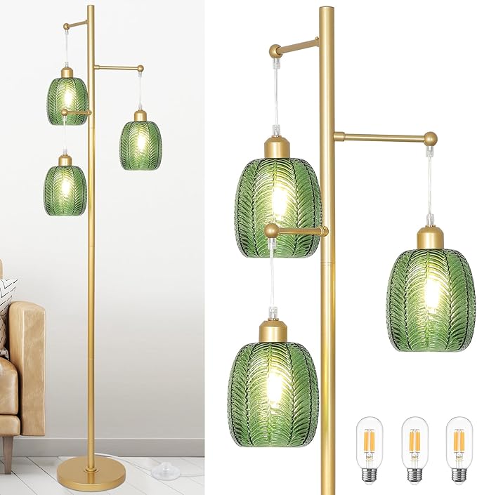 Gold Floor Lamps for Living Room, Boho Green Glass Flower Floor Lamp with 3 Led Bulb, Mid Century Modern 3 Light Brass Tall Lamps Farmhouse Standing Lamp Tree Floor Lamps for Bedroom,Office,Corner