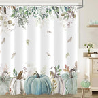Fall Shower Curtain, Autumn Blue Green Pumpkin Leaves Harvest Thanksgiving Shower Curtains Decor Set, Polyester Fabric Bathroom Accessories Set with Hooks 72X72IN