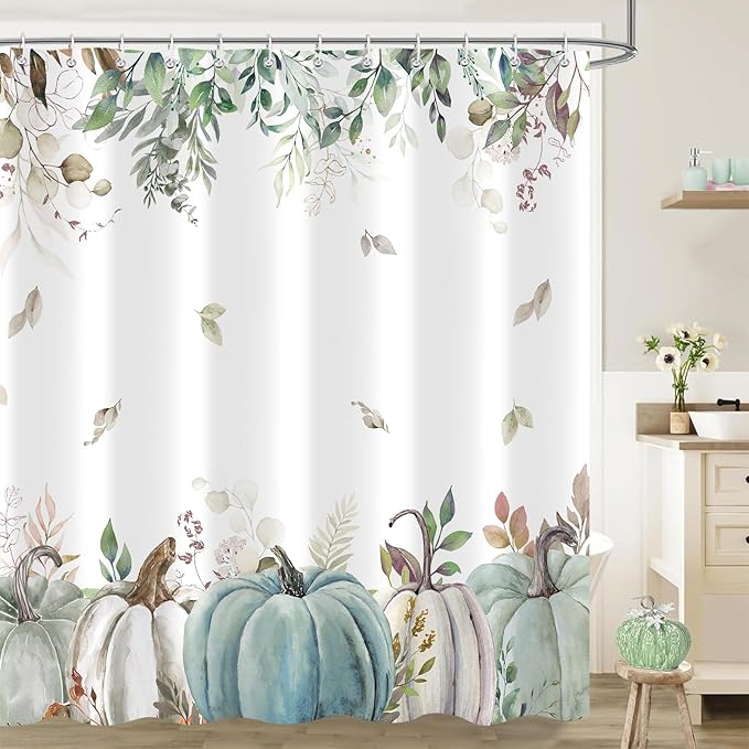 Fall Shower Curtain, Autumn Blue Green Pumpkin Leaves Harvest Thanksgiving Shower Curtains Decor Set, Polyester Fabric Bathroom Accessories Set with Hooks 72X72IN
