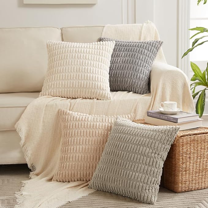 Fancy Homi Boho Decorative Throw Pillow Covers 18x18 Inch for Living Room Couch Bed Sofa, Rustic Modern Farmhouse Home Decor, Soft Corduroy Cream Square Cushion Case 45x45 cm