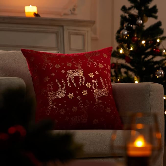 Topfinel Christmas Pillow Covers 18x18 Set of 2,Xmas Velvet Snowflake Reindeer Decorative Pillow Case Winter Holiday Decor for Home Couch,Red and Gold
