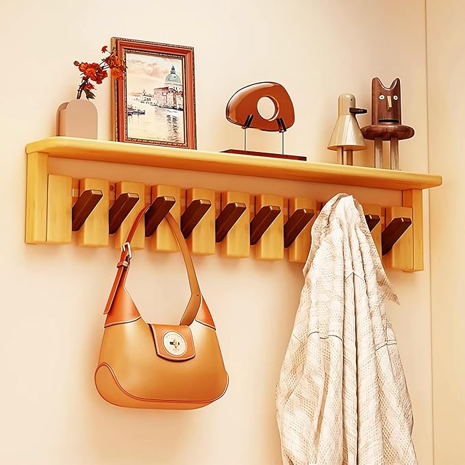 Wall Mounted Piano Key Hanger | Flip Style Hook | Entrance Wall Art Hook, Made of Oak Wood (3 Times Painted, 4 Times Polished) (Tray Walnut-Beech, 10Hooks)