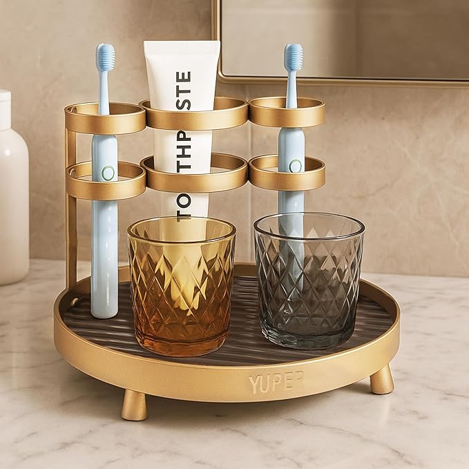 YUPER Vanity Tray Makeup Organizer Cosmetics Storage, Bathroom Skincare Organizer Countertop With Makeup Brush Holder, Round Display Rack in Dresser, Decor for Candle, Perfume, Plant