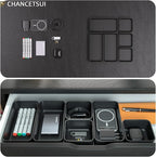 6 Pcs Stackable Drawer Organizer Set Desk Drawer Dividers, Bathroom Vanity Cosmetic Makeup Trays , Multipurpose Plastic Storage Bins for Jewelries, Kitchen Gadgets and Office Accessories, Black