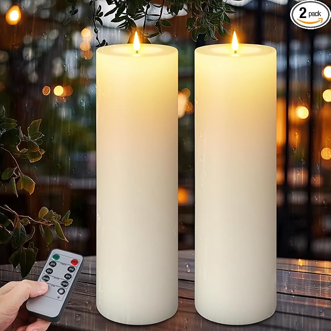 12" x 4" Large Outdoor Candles, Waterproof Flickering LED Flameless Candles with Timer, Battery Operated Candles with Remote Control Realistic Fake Pillar for Patio Porch Lanterns, White 2 Pack