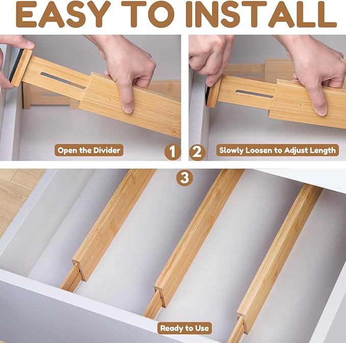 6 pcs Bamboo Kitchen Drawer Dividers Large, Adjustable Drawer Organizers, Spring Loaded, Works in Kitchen, Dresser, Bathroom, Bedroom, Drawer, Desk divider