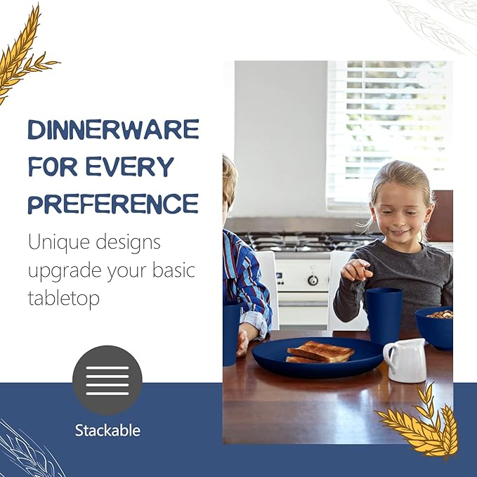 Teivio 16-Piece Kitchen Plastic Wheat Straw Dinnerware Set, Service for 4, Dinner Plates, Dessert Plate, Cereal Bowls, Cups, Unbreakable Plastic Outdoor Camping Dishes, Midnight Blue