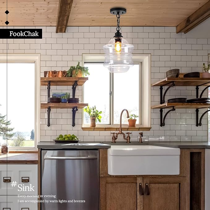 Seeded Glass Pendant Lights Black 10'' Farmhouse Ceiling Pendant Lighting Kitchen Island Large Industrial Oasis Clear Glass Island Hanging Light for Entryway Hallway Breakfast Dining Table