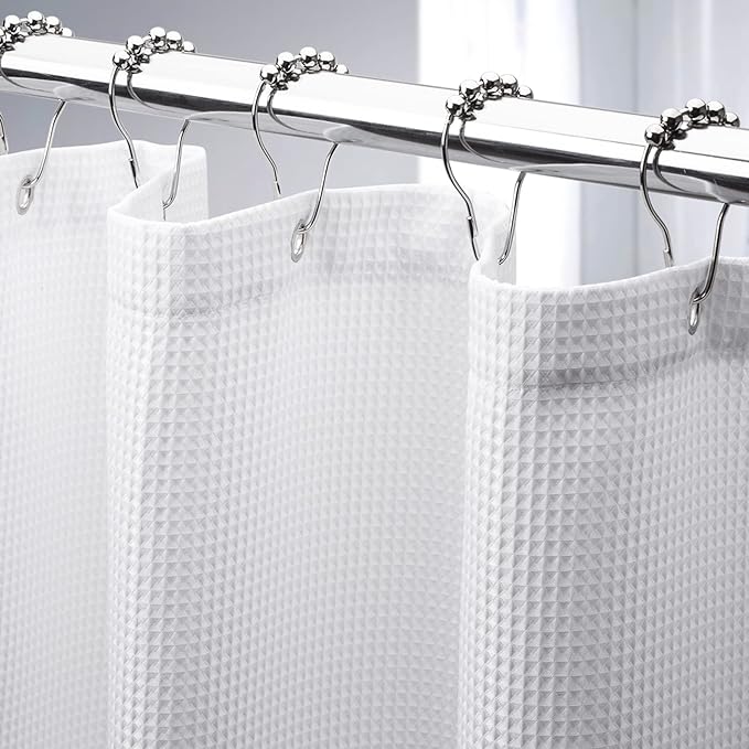 AmazerBath Waffle Shower Curtain - White, Heavy Duty Fabric, Hotel Quality for Bathroom, 72 x 65 Inches
