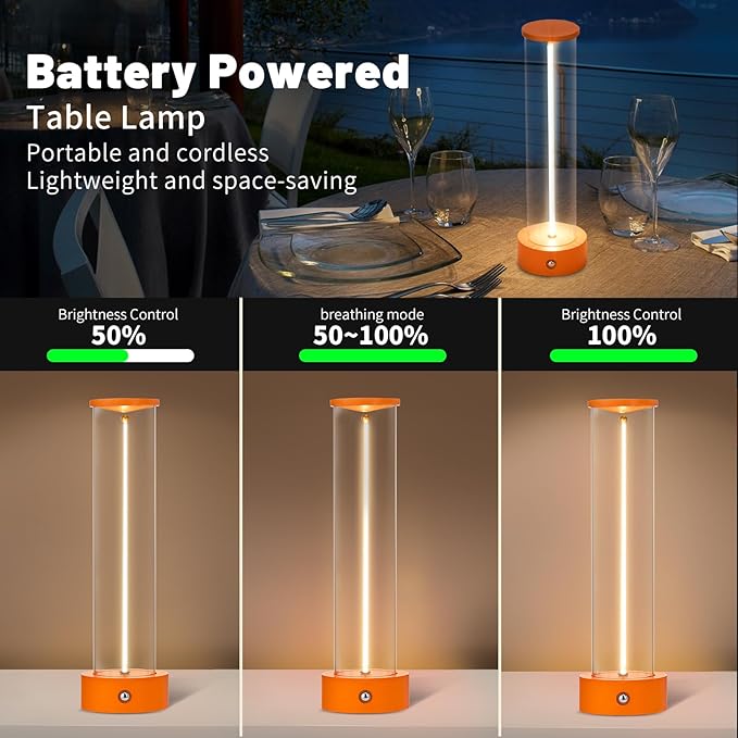 Cordless Portable LED Table Lamp, Modern Nightstand Lights with Filament Magnetic, Three-Level Dimmable Lamp for Gaming, Home Office, Bedroom, Living Room, Kitchen, Bar, Restaurant (Orange)