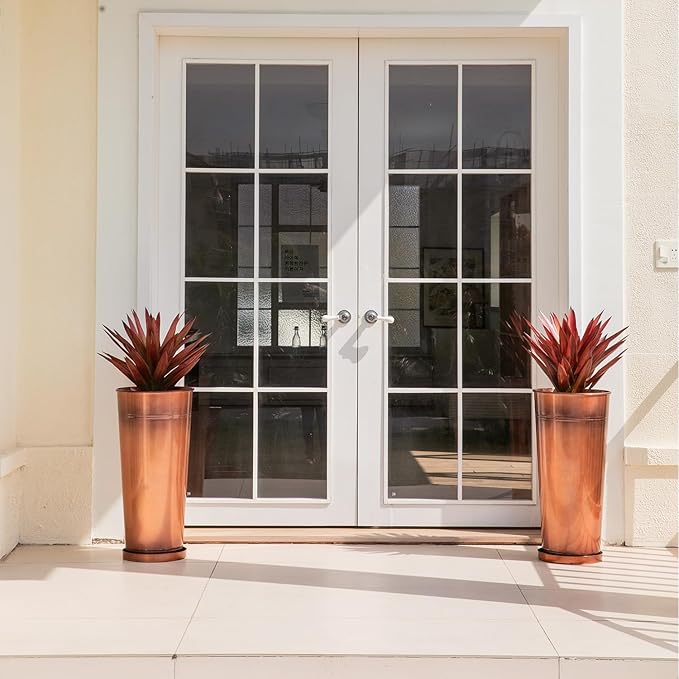 28in Tall Copper Planters Set of 2,Galvanized Steel Tall Outdoor Planter for porches/Indoor/terraces Patio- Copper Color(2planters,2inner pots with Holes, 2trays)