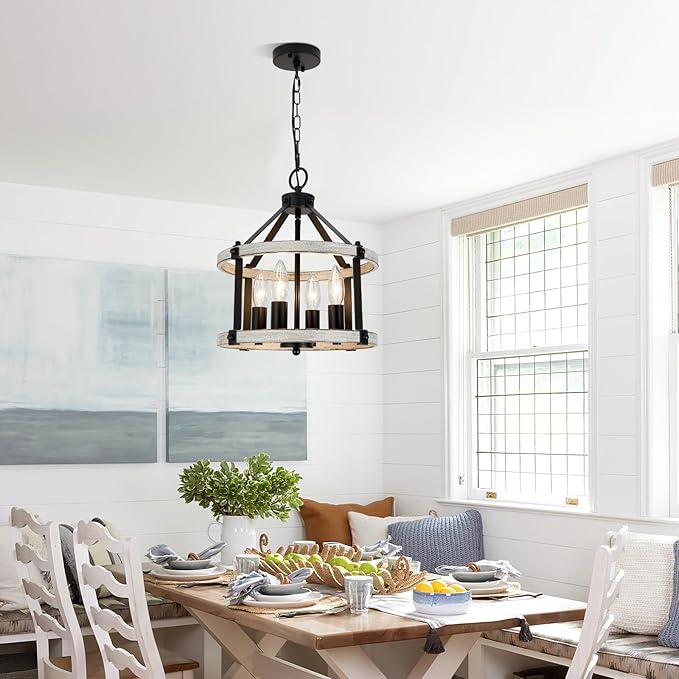 4-Light Farmhouse Chandelier, 12.5 Inch Rustic Black and Vintage Wood Finish Chandeliers for Dining Room Light Fixture, Adjustable Height Hanging Light for Kitchen Island, Entryway, Indoor