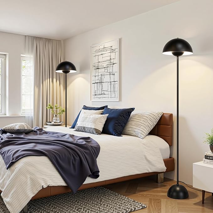 Black Floor Lamp for Living Room, 66'' Industrial Standing Lamp with Unique Metal Shade&Base Reflecting Light Tall Retro Lamp for Bedroom, Black