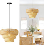 18inch Bamboo Rattan Pendant Light, 3-Layer Hand-Woven Wicker Boho Hanging Ceiling Light Fixture, Beige Rustic Farmhouse Chandelier Lamp for Kitchen Island, Dining Room, Bedroom, Living Room