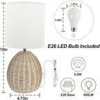 Boho Rattan Table Lamp - 3 Color Temperature, Handwoven Nightstand Lamp for Bedroom & Living Room