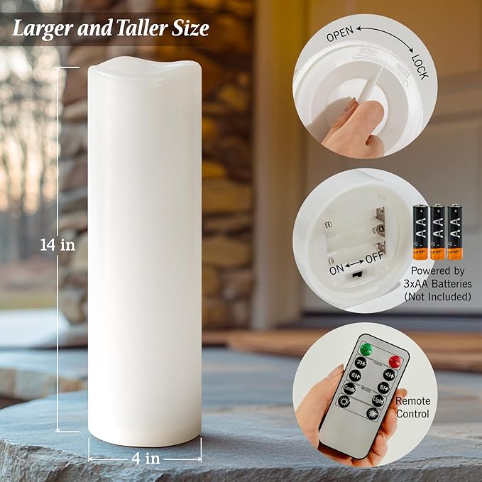 4" x 14" White Large Waterproof Outdoor Flameless Candles Battery Operated LED Flickering Pillar Candles with Remote and Timer for Indoor Outdoor Lanterns, Long Lasting, Set of 2