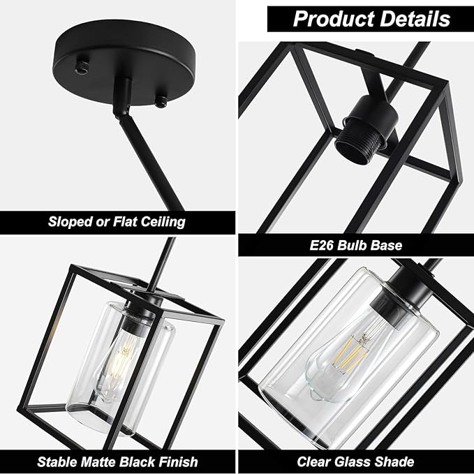 2 Pack Black Pendant Lights for Kitchen Island, 1 Light Farmhouse Lantern Pendant Light Fixtures Iron Cage Hanging Light Fixtures with Clear Glass Shade for Dining Room Entryway Hallway Porch