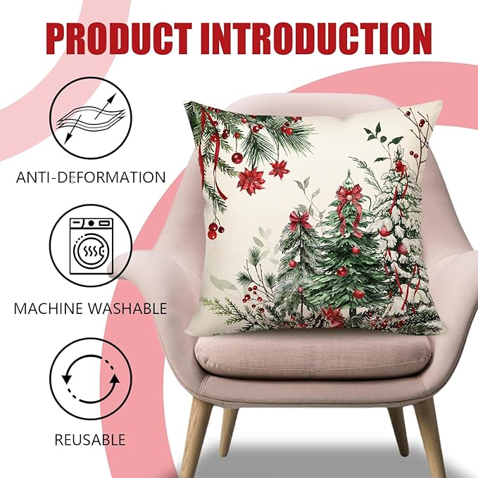 4TH Emotion Christmas Trees Pillow Covers 18x18 Inch Set of 2, Xmas Farmhouse Decorations Winter Holiday Decor Throw Cushion Case for Home Couch S24C37