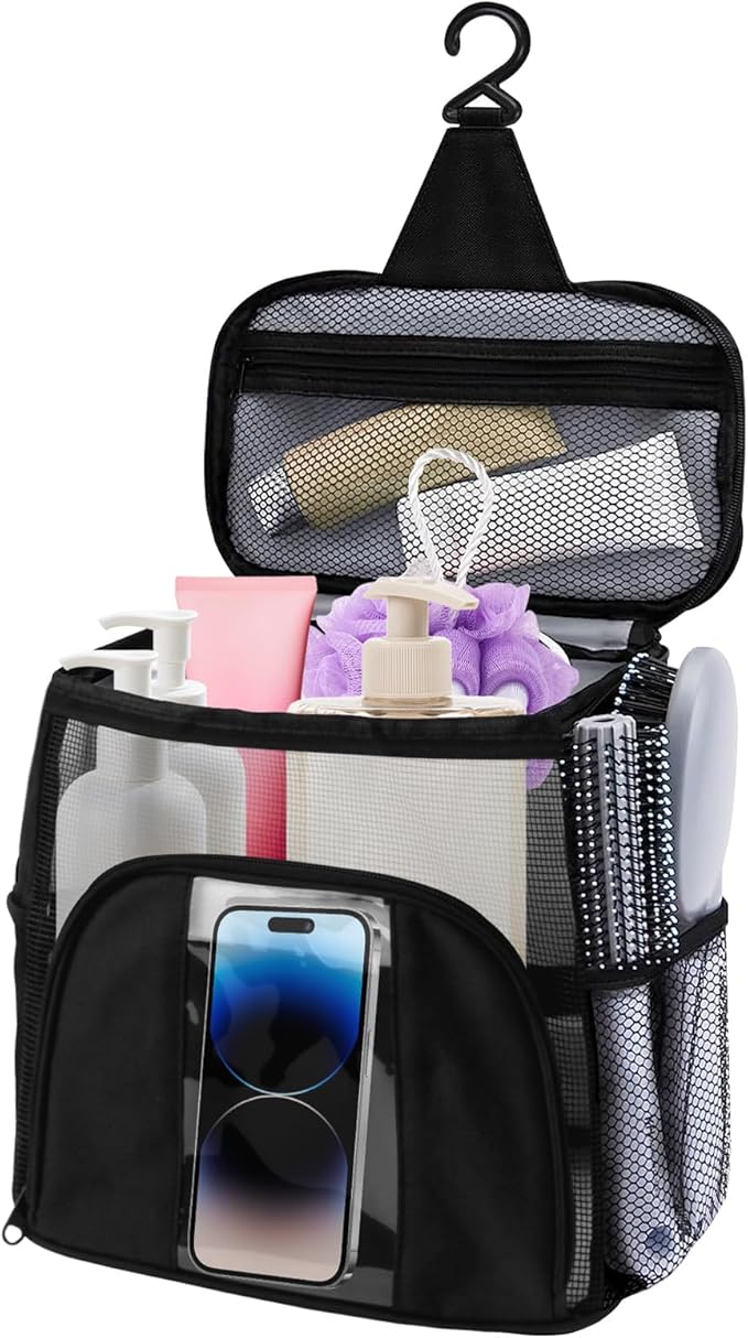 Travel Toiletry Bag with Mesh Shower Caddy, Dorm Room Essentials for College Students, Portable Hanging Large Makeup Organizer for Men and Women, Travel Accessories for Camping, Beach, Cruise, Gym