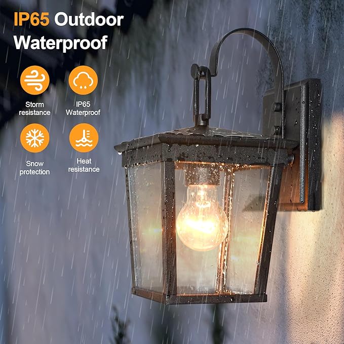 ALVIME Outdoor Wall Light Fixtures, Waterproof Outdoor Sconce Lights, Exterior Wall Lanterns, Porch Outside Lighting for Entryway, Backyard, Patio, Garage, Clear Seeded Glass Black 2 Pack