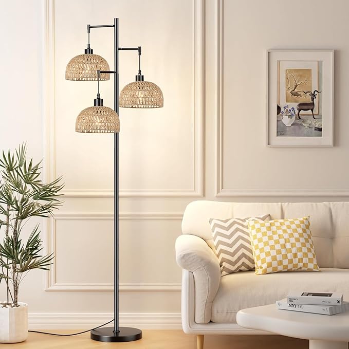 Floor Lamp for Living Room,Bedroom,3-Lights Boho Rattan Floor Lamps,Tree Farmhouse Industrial Black Standing Lamp Wicker Rustic Tall Lamp,Woven Bamboo LampShade Floor Light Bohemian