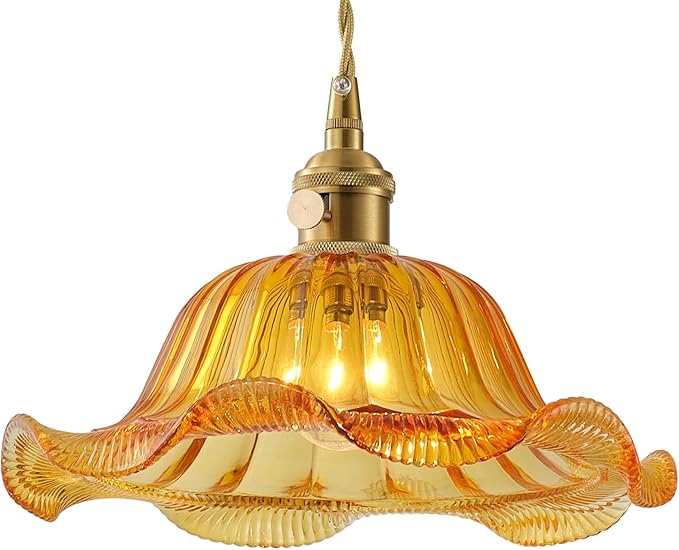 Vintage Glass Pendant Light，Green Flower Ceiling Pendant Light，Gold Adjustable Hanging Wire for Kitchen Island Dining Room Bedroom Hallway (10Inch - Amber(A))