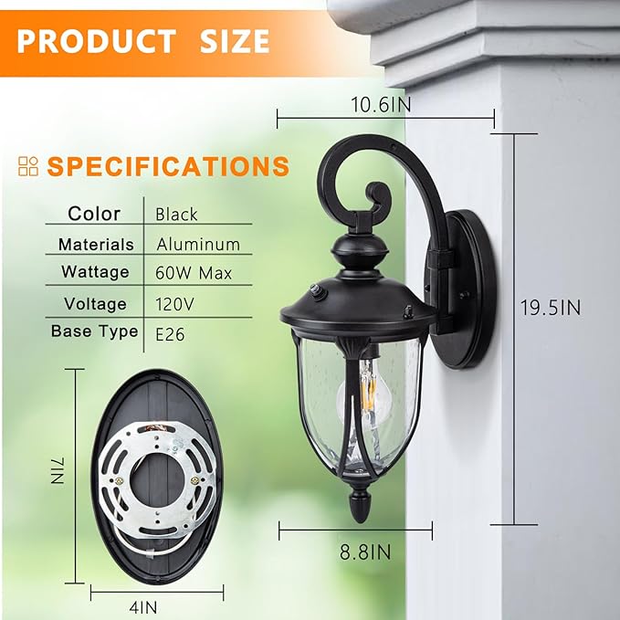 JYZ Dusk to Dawn Outdoor Wall Lantern, 20 Inch Large Exterior Wall Sconce Light with Clear Glass, Weather Proof Wall Mount Fixture for Front Porch, Doorway, Garage, Patio, Backyard JYOWL04-L