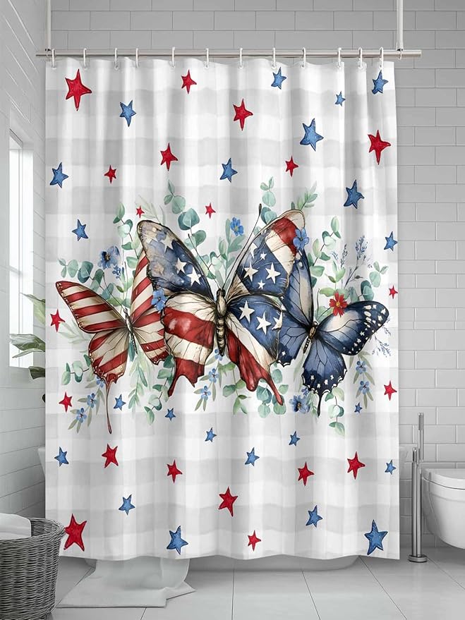 4th of July Shower Curtain, Patriotic Stars Butterfly Shower Curtains Set with Hooks, Eucalyptus Leaves Plaid Independence Day Waterproof Bathroom Curtains Decor Accessories,72X 96 Inch Extra Long