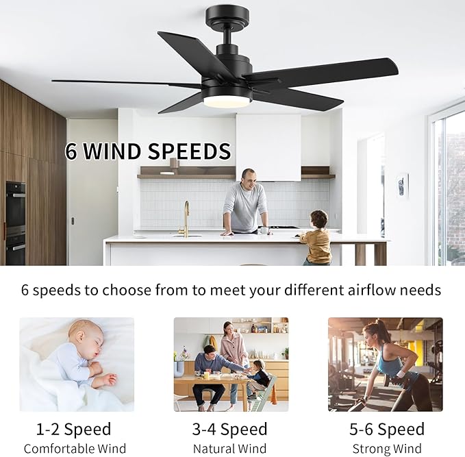 YUHAO 48 Inch Black Ceiling Fan with Light and Remote Control.Noiseless,Dimmable, 3CCT,6 Speeds Reversible, Modern DC Ceiling Fans for Indoor Use