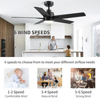 YUHAO 48 Inch Black Ceiling Fan with Light and Remote Control.Noiseless,Dimmable, 3CCT,6 Speeds Reversible, Modern DC Ceiling Fans for Indoor Use