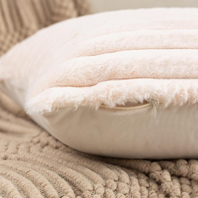 ZLINA Set of 2 Beige Faux Fur Decorative Throw Pillow Covers Fluffy Striped Pillowcase Cushion Covers 18 x18 Inch Decor Sofa Couch Bedroom
