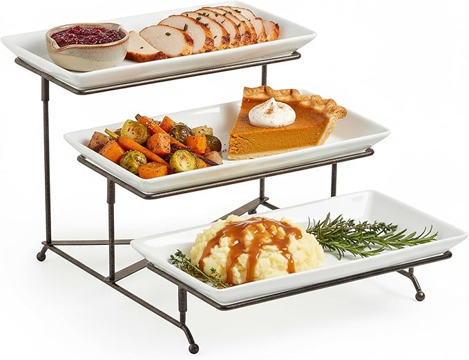 LAUCHUH 3 Tier Serving Tray Porcelain Tiered Serving Stand Collapsible Sturdier Rack Serving Platters with 2 Cross Bars for Thanksgiving, Christmas, Fruit Dessert Party Display Set, 12 Inch, Bronze