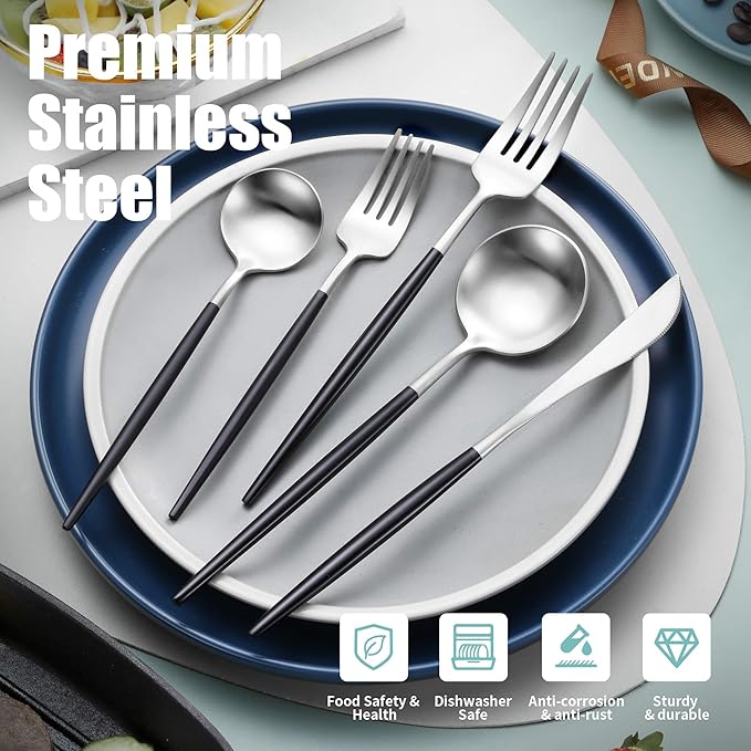 Lemeya Matte Black Silver Silverware Set for 4,Modern Stainless Steel Brushed Cutlery Set,20-Pieces Heavy Duty Flatware Set,Knives Spoons and Forks Set Utensils Set, Satin Finish, Dishwasher Safe