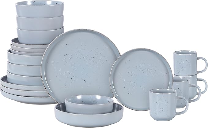 HomeVss, Nordic Shape Rising Rim Stoneware 20pc Dinnerware Set, Matte Light Blue with Speckled Finished Effect