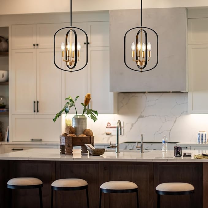Black and Gold Chandelier for Dining Room, 4 Light Farmhouse Entryway Light Fixture, Adjustable Modern Farmhouse Chandelier Light Rustic Small Kitchen Chandelier for Entryway, Living Room, Foyer