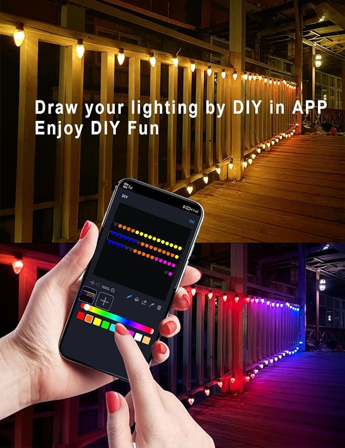 HIITEN RGB C9 Christmas Lights Outdoor 59ft 75LEDs, DIY Chasing Effects Smart Christmas Lights, Bluetooth APP Remote Controlled Extendable Color Changing String Lights with Timer & Music Sync