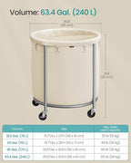 SONGMICS 63.5-Gallon (240 L) Laundry Basket with Wheels, Rolling Round Heavy-Duty Laundry Hamper Cart with Steel Frame and Removable Bag, 2 Locking Wheels, Cream White and Metallic Silver URLS012W01