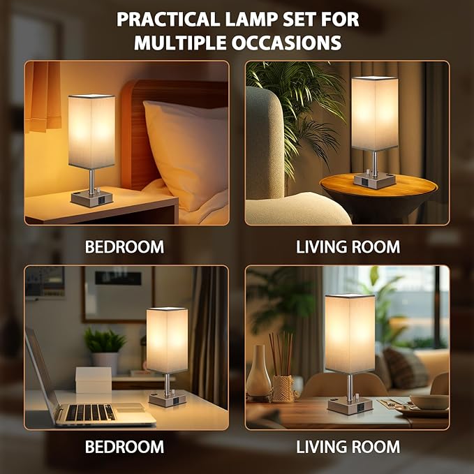 Grey Fully Dimmable Nightstand Lamps Set of 2 - Table Bedside Lamp with USB C+A Charging Ports & 2 AC Outlets, Square Lamp Sets Linen Fabric Shade for Bedroom Living Room(Bulb Included)