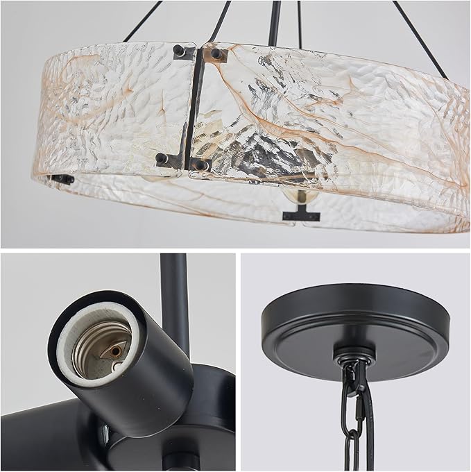 XINGQI Black Glass Chandeliers Modern 4-Light Farmhouse Pendant Lighting Fixtures Elegant Round Chandeliers for Dining Room Kitchen Island Living Room Entryway