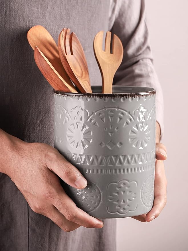 DOWAN 7.2" Kitchen Utensil Holder, Extra Large Farmhouse Utensil Holders for Countertop, Ceramic Utensil Crock, Anti Slip Cork Bottom (Gray, 7.2 Inch)